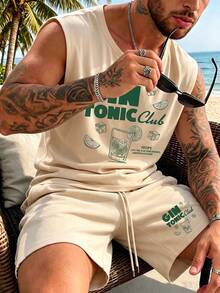 Men's Summer Round Neck Casual Tank Top And Shorts Set - Apricot - View 1