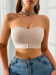 Áo ngực bandeau gân màu trơn cài móc trước, áo bandeau lệch vai, thiết kế cài móc trước, đệm ngực có thể tháo rời - Màu be - Xem 5