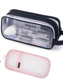 1pc/2pcs Large Mesh Transparent Pencil Case With 2-Layer Compartment Design, Clear Visible Thickened Mesh Material, Multi-Function Stationery Storage Bag, Back To School Season University Dorm Office Travel Student Unisex Essential Stationery Pouch - Multicolor - View 6