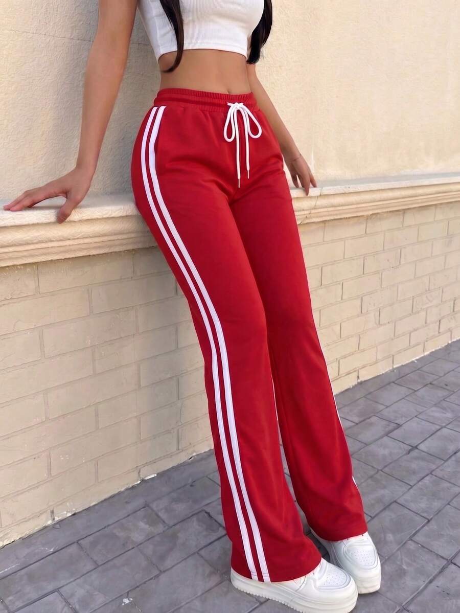 Women Casual Contrast Stripe Drawstring Waist Pockets Sports Pants, Autumn Spring - Red - View 1
