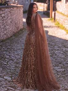 Haute Glamour Plus Plus Size Glamorous One Shoulder Cape Sleeve Sequin Beaded Formal Evening Gown - Coffee Brown - View 6