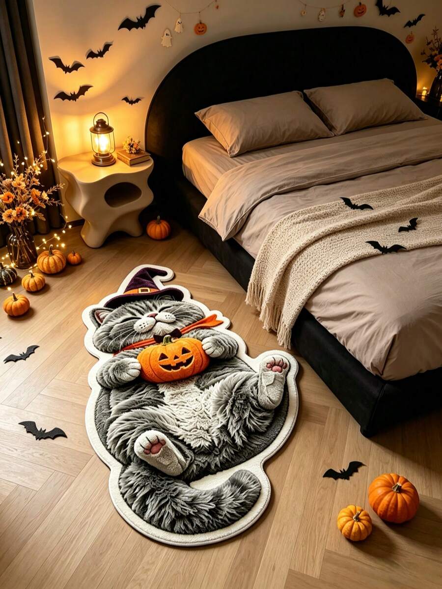 1pc Halloween Pumpkin Grey Cat Alien Shaped Doormat, Welcome Mat, Rug, Floor Mat, Halloween Mat, Bedroom Rug, Area Rug - Multicolor - View 1