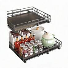 Expandable Pull-Out Cabinet Organizer for Kitchen or Bathroom – Slide-Out Storage Drawer 31-49cm Adjustable Width, Adhesive No-Drill Install, Durable Steel Basket Shelf - Schwarz - Übersicht 1