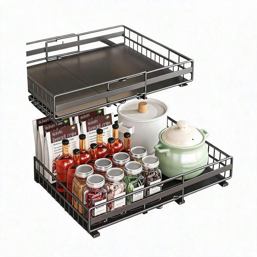 Expandable Pull-Out Cabinet Organizer for Kitchen or Bathroom – Slide-Out Storage Drawer 31-49cm Adjustable Width, Adhesive No-Drill Install, Durable Steel Basket Shelf - Schwarz - Übersicht 1