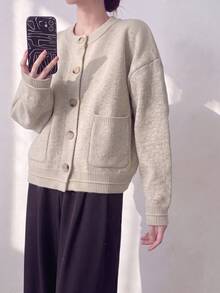 Cardigan Pendek Rajut Nyaman untuk Wanita, Kancing Depan, Sweater Lengan Panjang Kerah Bulat, Cocok untuk Pakaian Musim Gugur/Musim Dingin - Aprikot - View 3