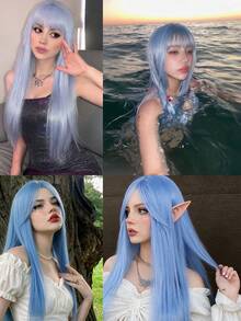 24 Inch Long Straight Blue Cosplay Wig For Women Heat Resistant Synthetic Fiber Wigs With Bangs Cosplay Lolita Anime Halloween Christmas Party Wig Wear - Multicolor - View 9