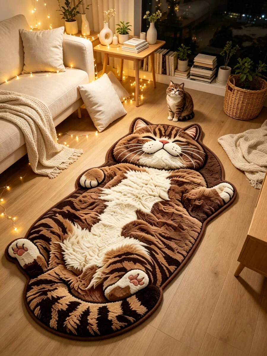 1pc Brown Lying Cat Shaped Floor Mat, Bathroom Mat, Door Mat, Small Rug, Home Decor, Area Rug, Outdoor Mat, Bedroom Carpet, Washable Rug, Back To School Gift - Multicolor - View 1