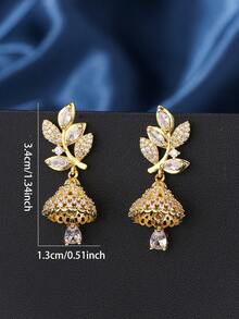 1 Pair Luxury Jhumka Elegant Zirconia Leaf Earrings Fashion Design Bell Earrings Glamorous Bollywood Jhumki, Suitable For Women, Girls Daily, Festival, Wedding And Party Wear/Jewelry Gift - Classic - View 5