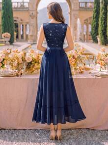 MIUSOL Deep V-Neck Lace Sequin Ruffle Hem High-Low Hem Chiffon Formal Party Dress, Suitable For Wedding Guest, Graduation Ceremony, Gala Spring Elegant - Navy Blue - View 3