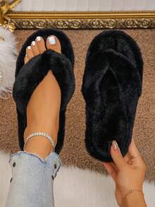 Wide Fit Women's Black Faux Fur Thong Slippers, Extra Wide Soft Fluffy Thin Sole Indoor House Slides, Autumn/Winter - Black - View 1