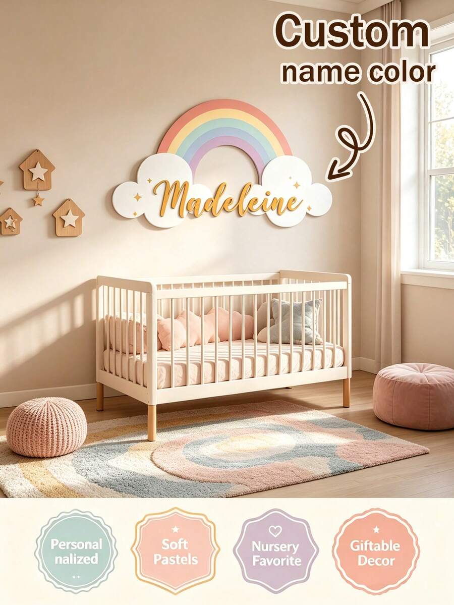 1pc Personalized Wooden Double Layer Custom Name Decor, Bowknot Decoration, Laser Cut Cursive Font Door Wall Plaque, Multiple Colors Available, Bedroom, Living Room, Wedding Housewarming Gift - Style 1 - View 1