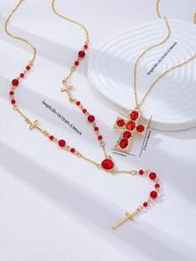 Collar de Cruz Gótico en Capas, Cadena de Cuentas Rojas con Colgante de Cruz de Cristal Rojo, Collares de Estilo Rosario Largo Vintage Declaración para Mujeres - Collar con colgante de cruz - Ver 3
