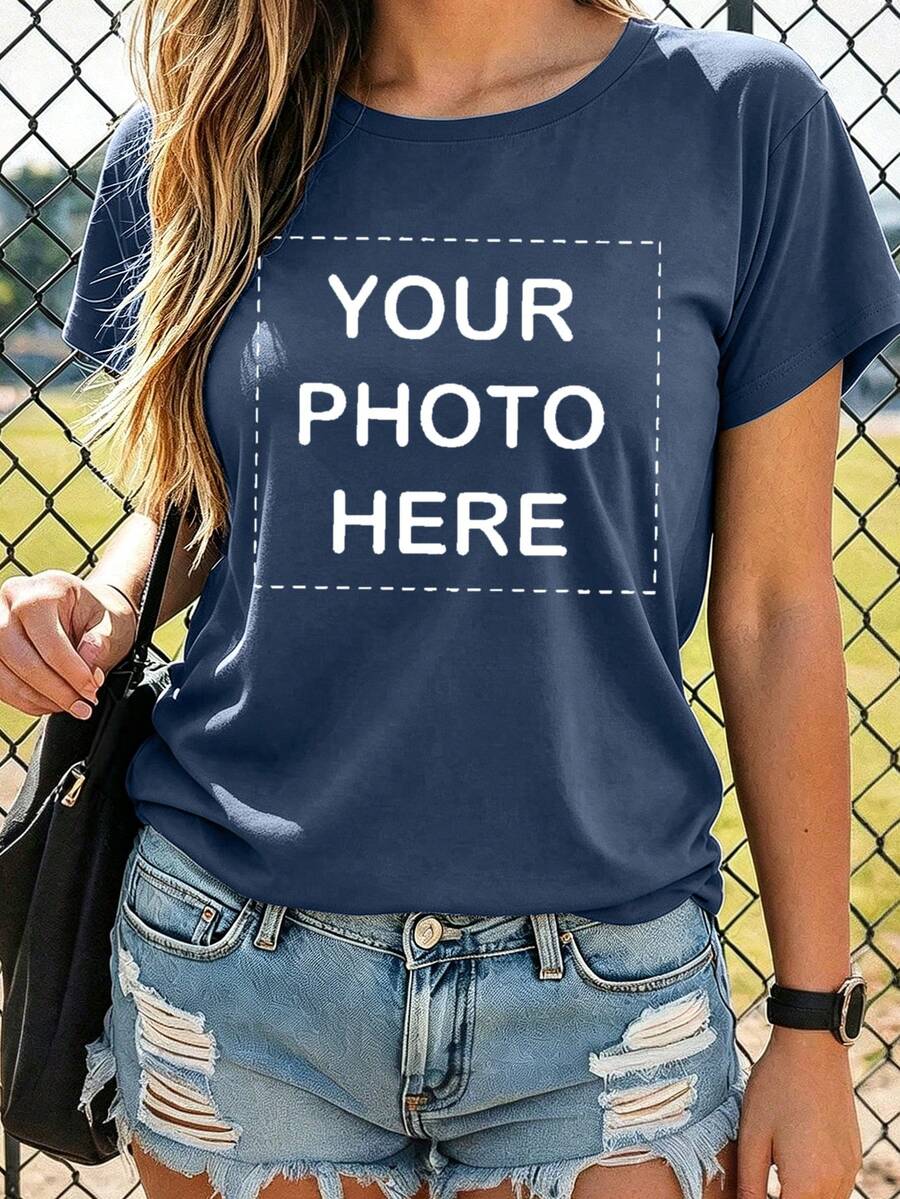 Personalized Women's T-Shirt, Can Add Custom Text And Photos, Casual Summer For Christmas Party And Holiday Gifts, Birthday Custom Printed T-Shirt - Navy Blue - View 1
