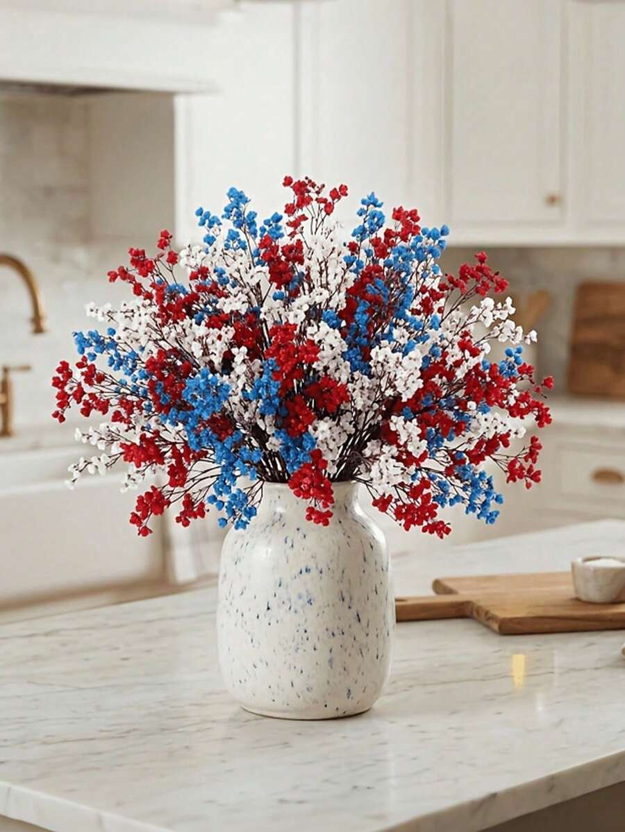 9pcs/Set Tricolor Baby's Breath Artificial Flower Bouquet,Patriotic Red White Blue Baby's Breath Floral Arrangement,Fake Flowers For Independence Day,Memorial Day, Dining Table Centerpiece,DIY Floral Decor,Home Decor, Indoor/Outdoor,Party,Wedding