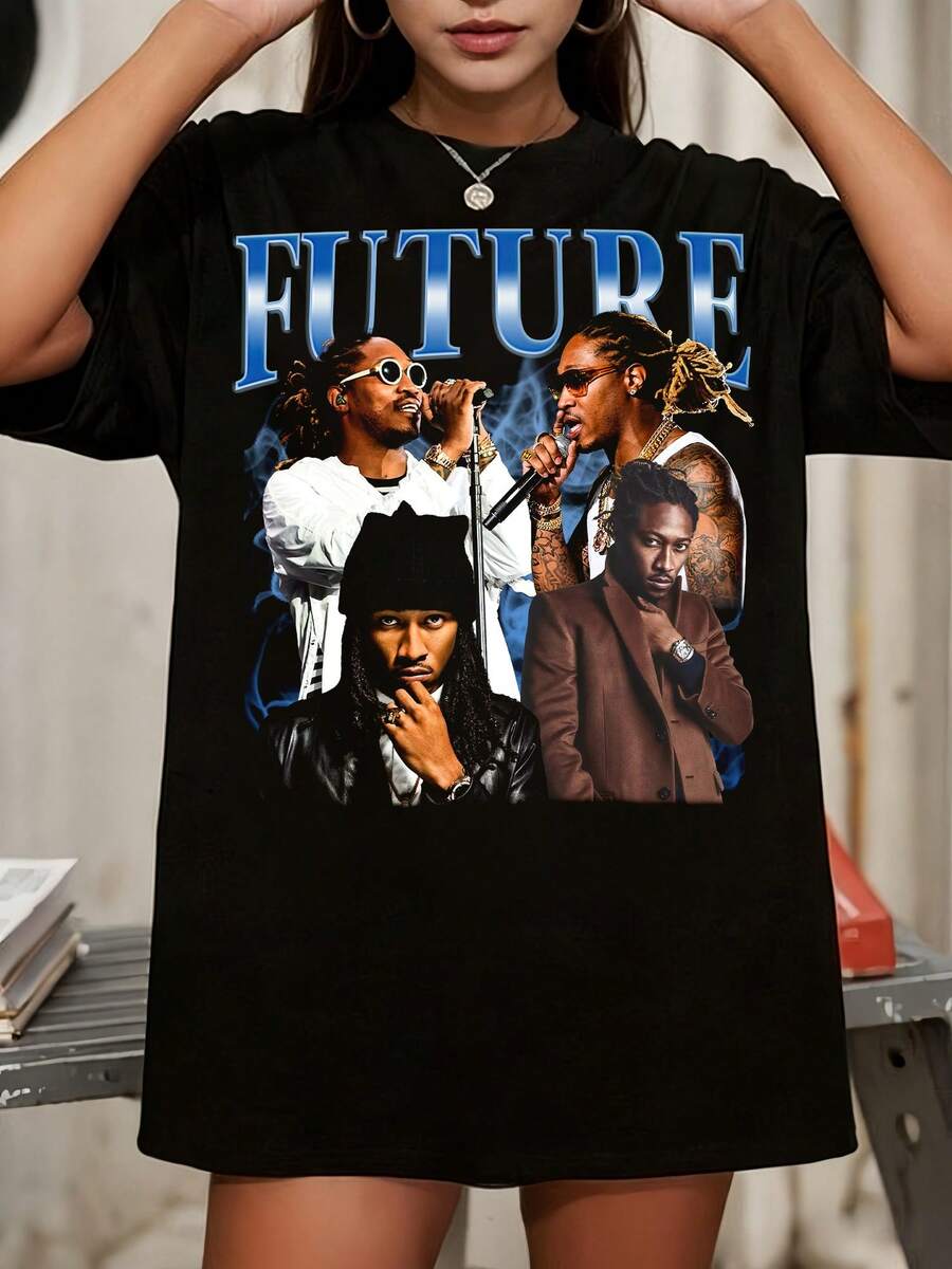 Future Blue Gradient Multi Shot Smoke Vintage Atlanta Trap Hip Hop Graphic Tee - 黑色 - 查看 1