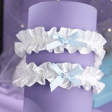 2pcs Smooth Ruffle Bride Leg Garters With Elastic Design And Small Bowknot Decoration, Suitable For Wedding Registration And Photography Outfit Accessory - Blue and White - View 5