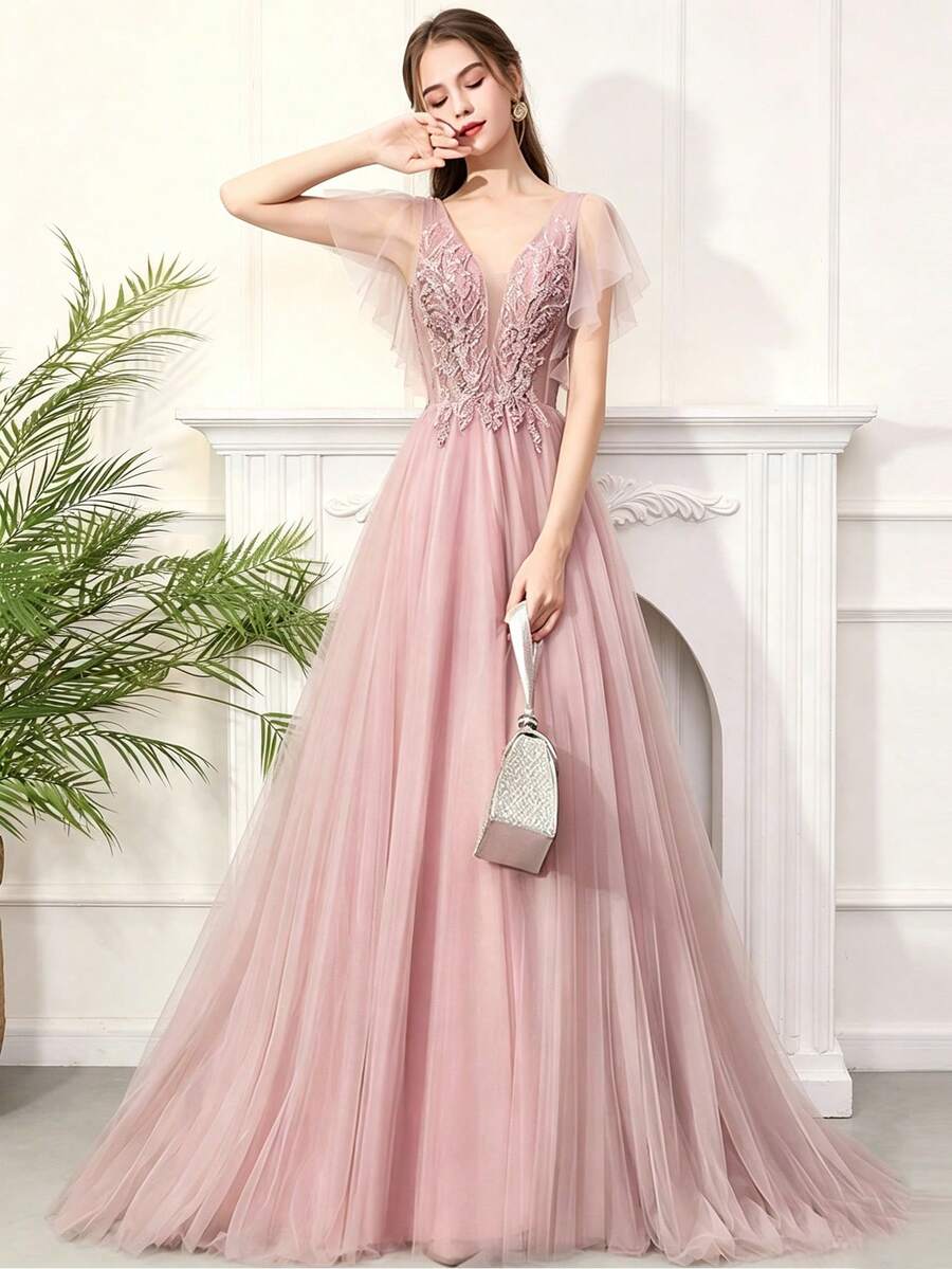 New Elegant Pink Evening Gown, V-Neck Lace Applique Long Formal Prom Dress, Suitable For Banquet, Graduation Ceremony, Gala And Other Occasions