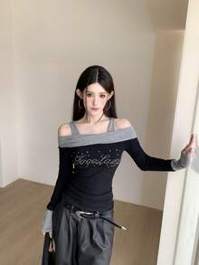 New Women's Spring/Autumn Sexy Colorblock Patchwork Open Shoulder Rhinestone Long Sleeve Slim Fit Base Layer Top - Black - View 2