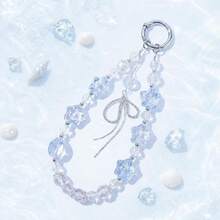 Clear Light Blue Gradient Star Beaded Keychain Phone Lanyard, Rhinestone Bow Tassel Pendant Design, Cool Fairy-Like Ins Style Short Wrist Strap, Anti-Lost Universal Pendant, Compatible With Phone, Bag, Earphone, CCD Camera, Transparent Acrylic Bead High-End Texture, Girly Atmosphere Accessory, Student Daily Outfit, Gift Choice Niche Versatile Ornament - Baby Blue - View 2