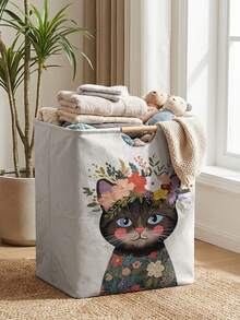 1pc Storage Basket, Laundry Hamper, Washing Basket, Storage Bin, Kitten Print Design, Foldable Multipurpose Storage Box With Wooden Handles, Ideal For Daily Clothes Storage And Arrangement - Multicolor - View 10