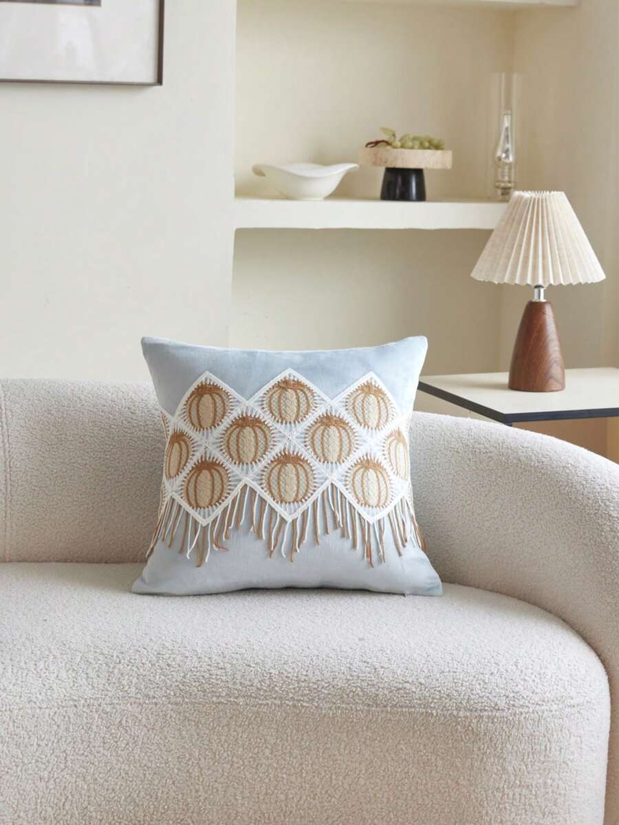 LCUHPCL 1pc Autumn/Winter Thanksgiving French Style Gentle Blue Pumpkin Embroidered Tassel Pillowcase, Home Decor For Living Room, Bedroom, Party, Sofa And Various Environments