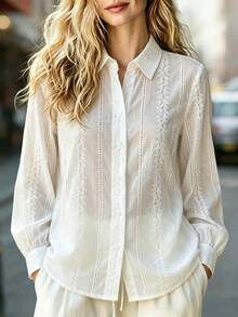 Women's Elegant Solid Embroidery Button Front Shirt, Sheer Collared Long Sleeve Top For Business, Office, Daily, Spring Summer Fall Winter White - White - View 4