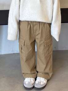 1pc Boys' Simple Casual Elastic Waist Multi-Pocket Straight Leg Work Pants, Spring Summer Autumn - Khaki - View 6