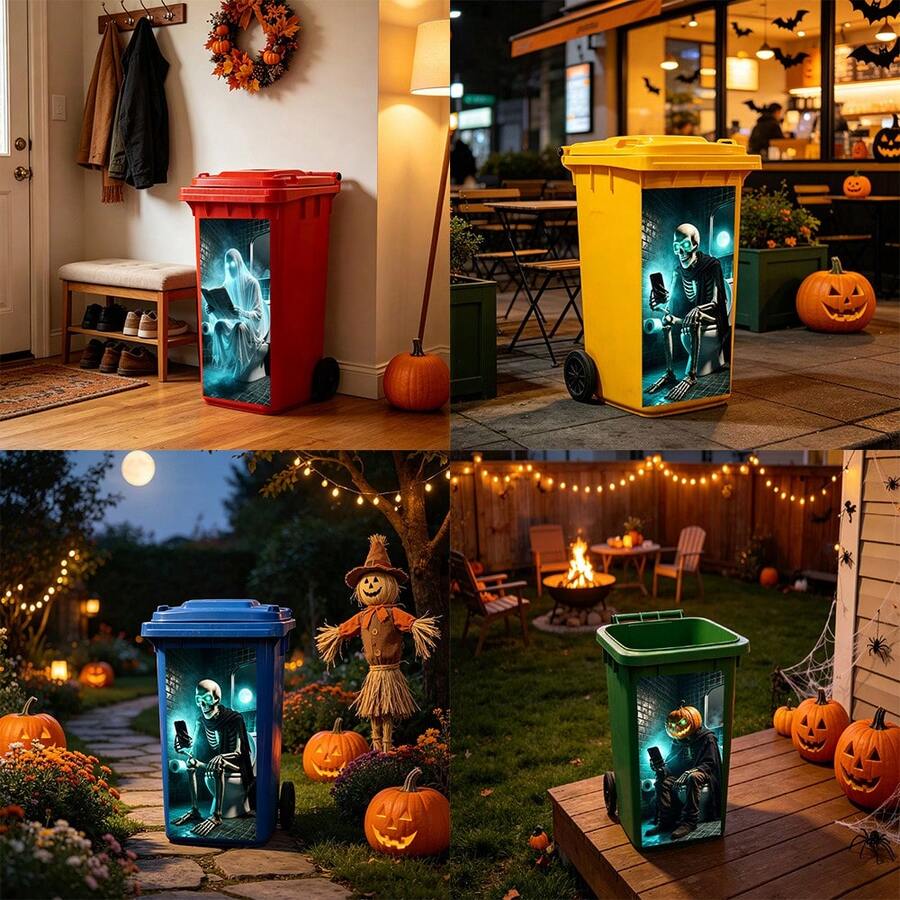 1pc Halloween Skeleton Trash Can Sticker, 14.57 X 32.28 Inches, Suitable For Indoor And Outdoor Trash Can Decoration Sticker, Halloween Decoration - Trash Can Stickers - View 1