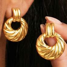 1 Pair Women's Twisted Hoop Stud Drop Earrings, Low-Allergy Stainless Steel Gold-Tone Swirl Textured Dangle Earrings, Jewelry Gift - Multiple Styles - View 7
