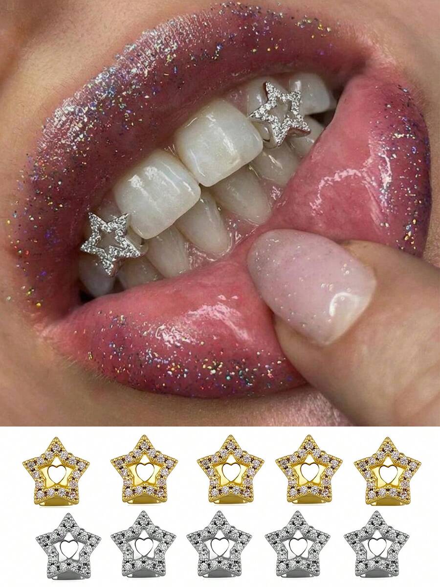 1pc/3pcs/5pcs Pentagram Zirconia Fashion Tooth Grillz, Hip-Hop Tooth Jewelry, Unisex Teeth Jewelry For Party, Music Festival, Halloween, Cosplay - Multicolor - View 1