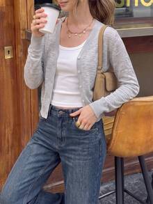 Mori Summer Fall Y2K Women Grey Sheer Thin Knit Button Up Cardigan , Long Sleeve See Through Going Out - Grey - View 7