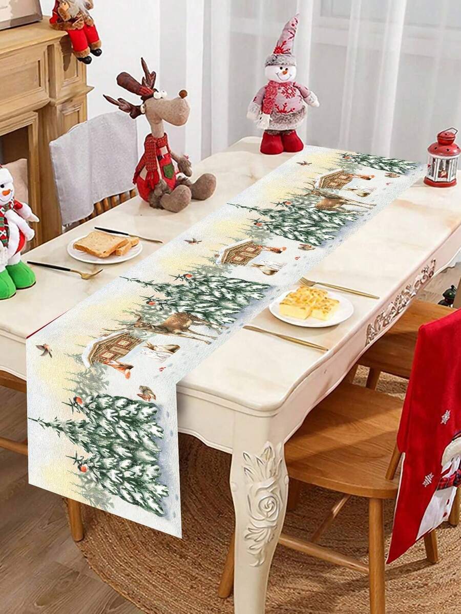 1pc Christmas Table Runner,Watercolor Snowy Forest Reindeer Print Tablecover,Rustic Winter Long Tablecloth For Dining Room Xmas Eve Party Decor - Multicolor - View 1