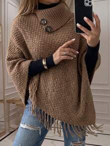 SEREN Vintage High Neck Button Tassel Knit Cape, Loose Asymmetrical Shawl Cover Up, Autumn/Winter Fashion - Khaki - View 4