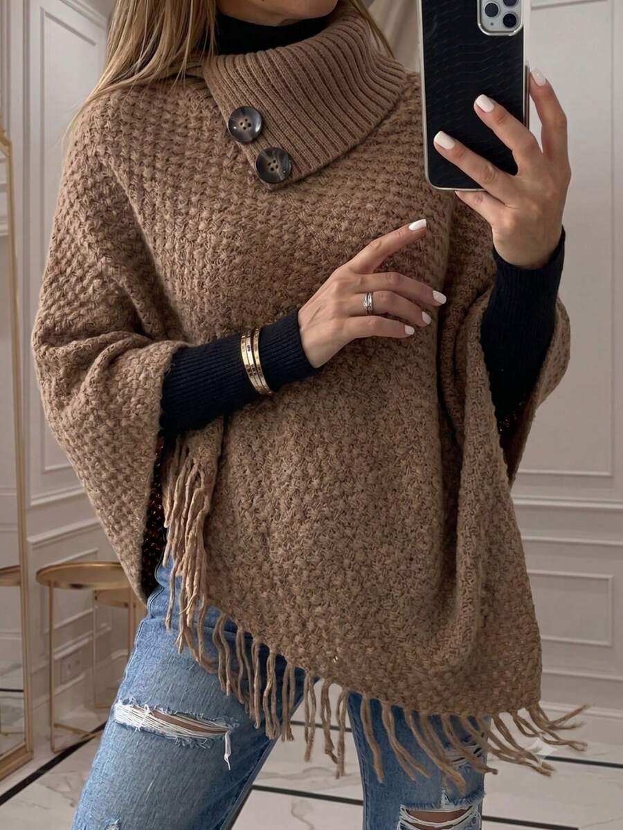 SEREN Vintage High Neck Button Tassel Knit Cape, Loose Asymmetrical Shawl Cover Up, Autumn/Winter Fashion - Khaki - View 1