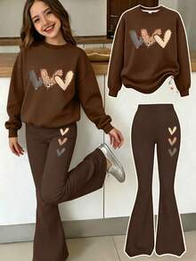2件組女童套裝，多色愛心印花衛衣 + 喇叭褲，柔軟面料休閒街頭風 - 棕色 - 查看 1