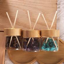 1pc Glass Reed Diffuser Jar With Bamboo Lid, Natural Crystal Stones Rattan Sticks Set, Flameless Home Fragrance Container, Ramadan Housewarming Decor Gift "Unscented" - one-size - View 4
