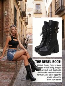Women's Height-Increasing Wear-Resistant Rivet Double-Row Button Side Zipper Round Toe Mid-Calf Chunky Heel Thick Sole Boots Cool Style Autumn/Winter Daily Black Microfiber Plus Size - Black - View 2