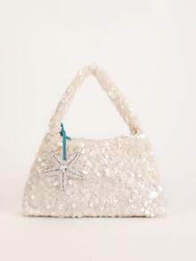 Fashionable Women's High-End Sequin Coconut Tree Pendant Handbag, Summer Beach Vacation Style Decorative Bag, Elegant Party Evening Bag - Blue and White - View 3