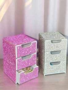 Rhinestone 3-Layer Mini Desktop Drawer Storage Box, Jewelry & Cosmetics Organizer, Mini Desktop Drawer Storage Box, Desktop Organizer, Room Decor, Plastic Multi-Layer Jewelry & Cosmetics Storage Box; No Power Required, Suitable For Vanity, Bedroom, Office And Daily Items Storage, Ideal Choice For Home And Vanity. Holiday, Birthday, Teacher's Day Gift, Back To School Essentials - Multicolor - View 4