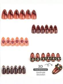 NAIO 10pcs 3D Embossed Bow Pearl Rhinestone Amber Tortoise Shell Gradient Glossy Press-On Nails, Low-Key Luxury Vintage Almond Shape, Suitable For Daily Wear, Casual Gatherings, Cocktail Parties, Friends Get-Togethers - Multicolor - View 3