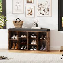Techigher Shoe Storage Bench With Cushion, Shoe Rack Organiser, Hallway Storage Bench With Padded Seat & Adjustable Shelves, Compact Shoe Cabinet For Entryway, Bedroom, Living Room - Retro Color 104*30.5*53 - View 2