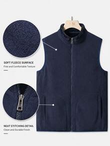 1pc Men's Autumn/Winter Deep Blue Fleece Vest Jacket, Stand Collar Zipper Cardigan, Casual Outdoor Layering - Navy Blue - View 5