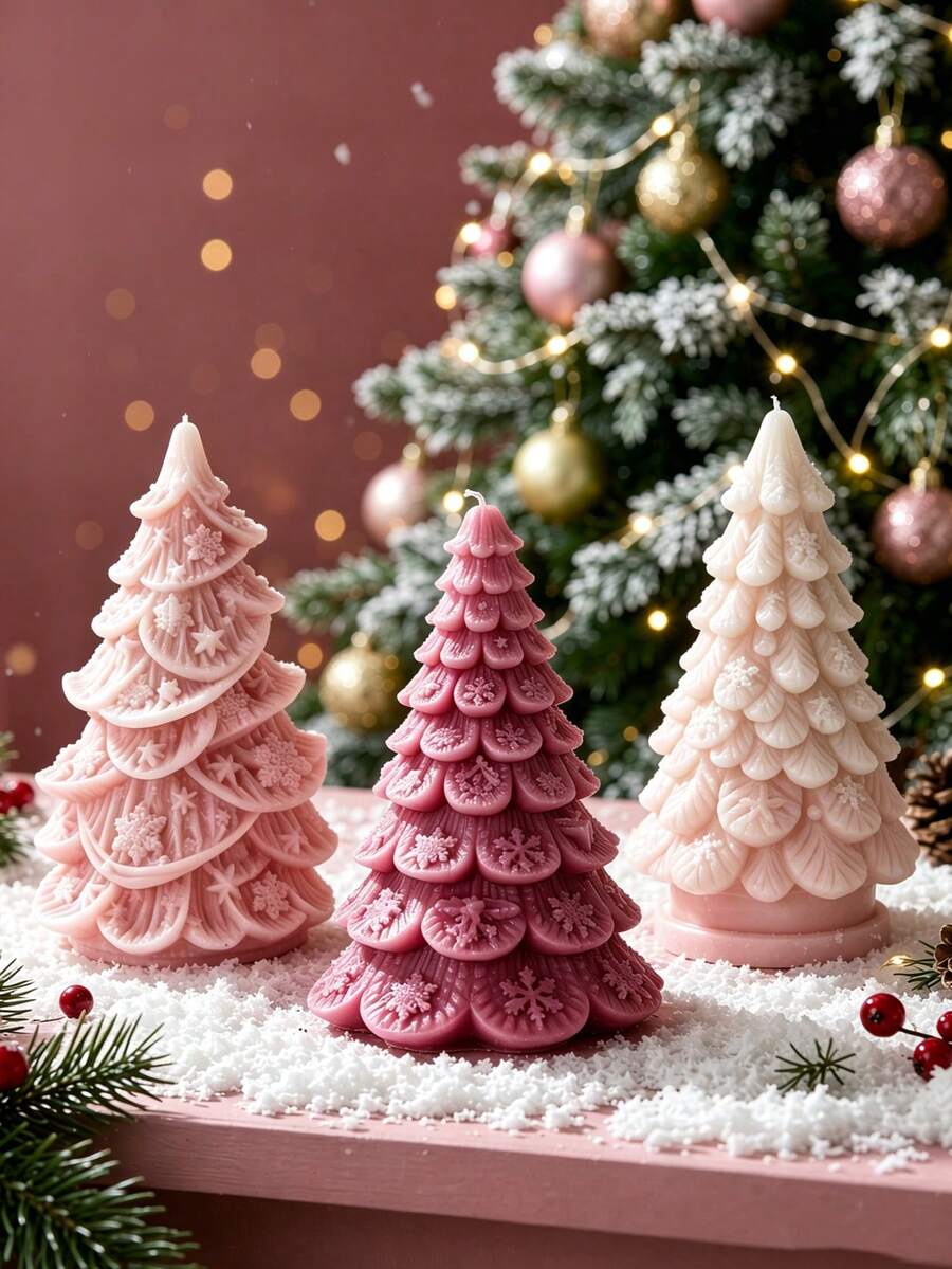 3-Piece 3D Christmas Tree Silicone Candle Molds, Embossed Snowflake Star Layered Pine Needle Design, Snow-Capped Tree Top, Soft Flexible Silicone Material, Easy Release, Suitable For Soy Wax, Aromatic Plaster, Handmade Soap DIY - Christmas Tree Mold - View 1