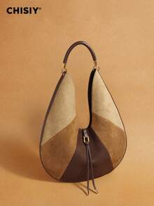 New Vintage Maillard Colorblock Shoulder Bag Large Capacity HOBO Commuter Tote Handbag - Brown - View 3