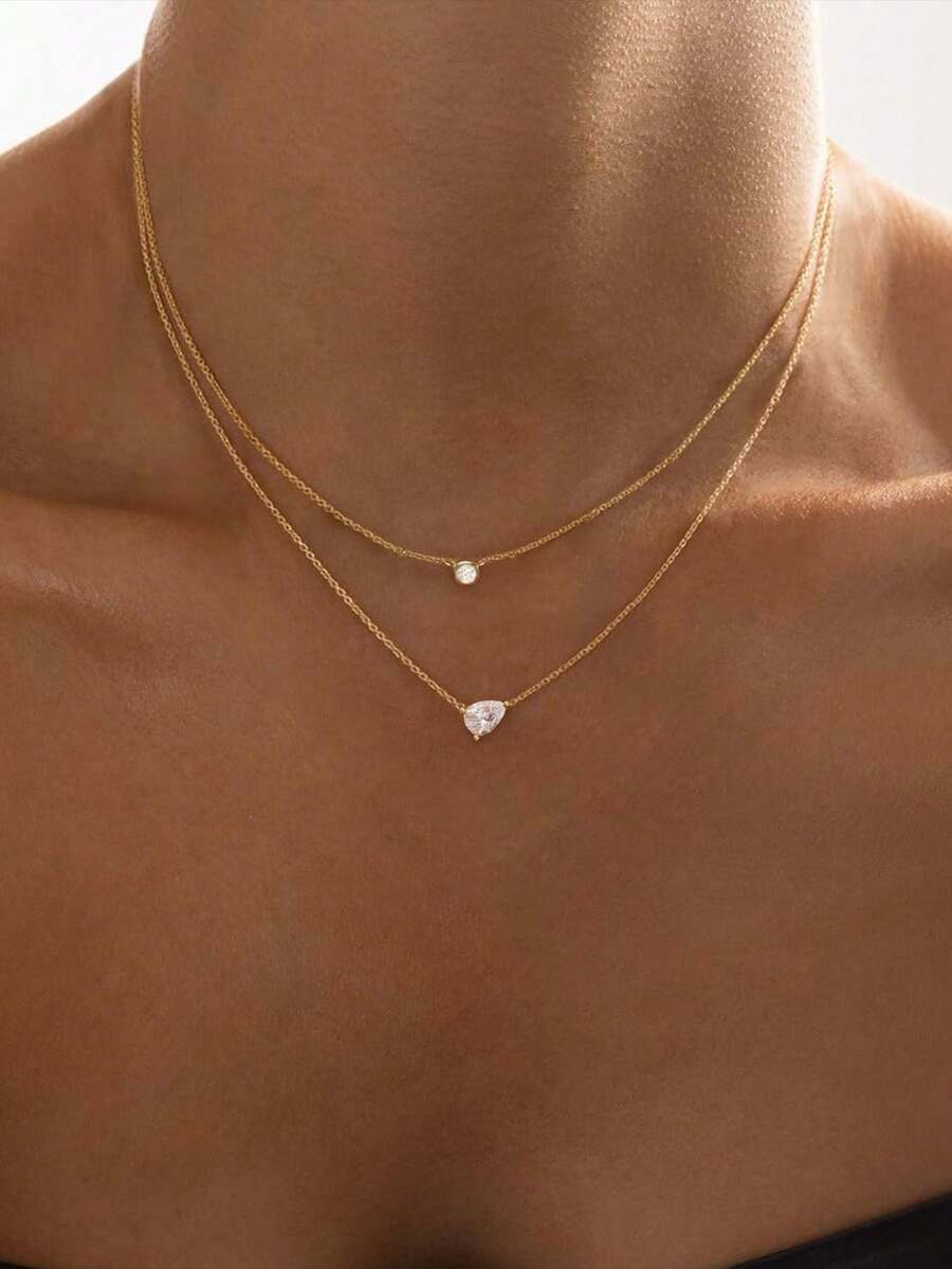 Layered Gold Necklaces For Women,Dainty 14K Gold Plated CZ Pendant Necklace Stack Cute Teardrop Non Tarnish Layering Choker Necklace Set - Gold - View 1