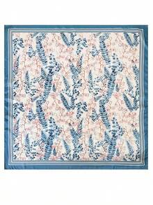 Fresh Blue Floral Leaf Plant Print Satin Square Scarf, Blue And White Contrast Striped Hem Silk Scarf, Women's Headscarf Necktie Bag Strap, Spring/Summer Fresh Gentle Girl Commute Travel Accessory - Multicolor - View 4
