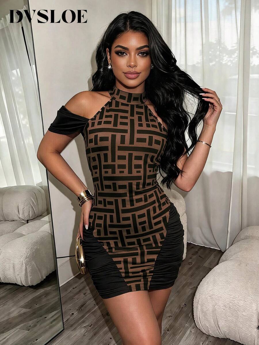 DVSLOE Women's Sexy Geometric Print Halter Neck Cold Shoulder Mini Dress, Vintage Brown Skirt, Suitable For Summer Date, Party, Gathering, Daily Commute - Brown - View 1