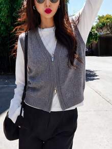 Cardigan Vest Wanita Kasual Minimalis Serbaguna dengan Desain Resleting, Musim Gugur/Musim Dingin - Grey - View 4