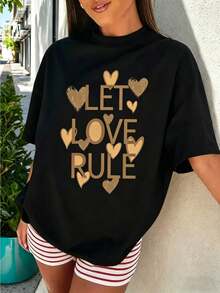 Soft And Fluffy,Pure Comfort,Retro Design,With Heart-Shaped And Letter Patterns,It Is A Versatile Item T Shirt. - 黑色 - 查看 2