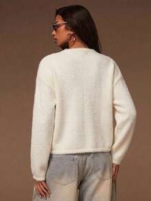 Soft Knit Round Neck Button Front Cardigan With Patch Pockets, Long Sleeves, Medium Stretch, White Elegant Fall Winter Layering Sweater - White - View 4